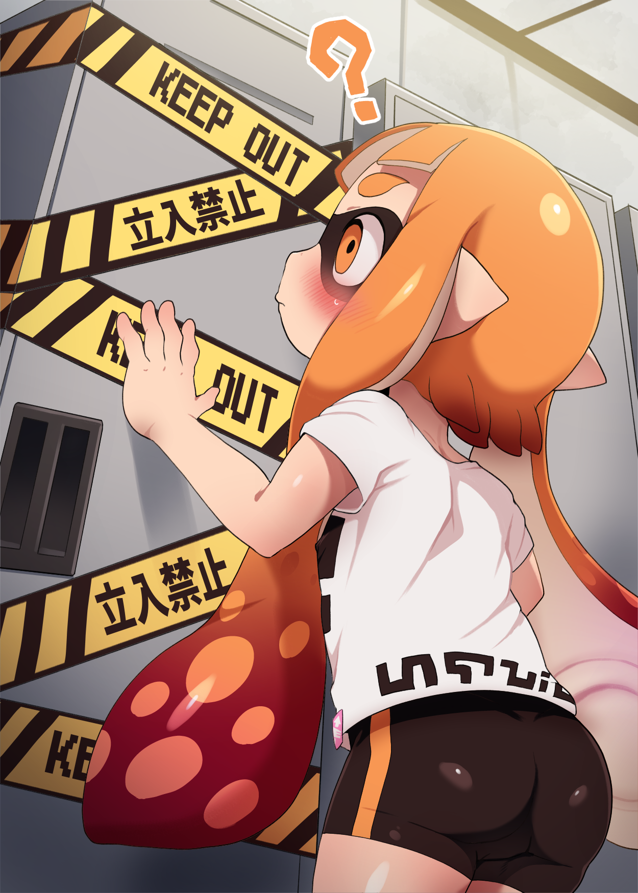 dagashi (daga2626), inkling, inkling girl, inkling player character,  nintendo, splatoon (series), highres, 1girl, ?, ass, bare arms, bare  shoulders, bike shorts, caution tape, cowboy shot, female focus, from side,  hand up, indoors,