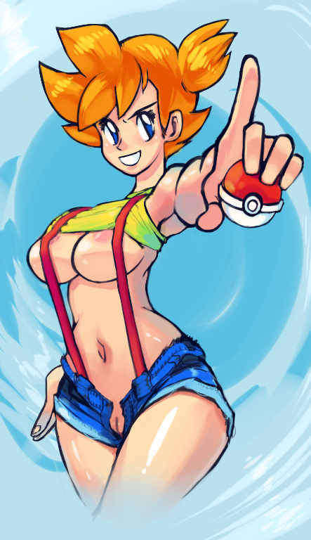 1girl areola_slip blue_eyes breasts cleft_of_venus creatures_(company) female_focus game_freak gonzozeppeli gym_leader holding holding_poke_ball large_breasts misty_(pokemon) nintendo nipple_slip nipples open_fly orange_hair pointing pointing_forward poke_ball pokemon pokemon_(anime) pussy short_hair shorts side_ponytail solo suspenders uncensored underboob unzipped