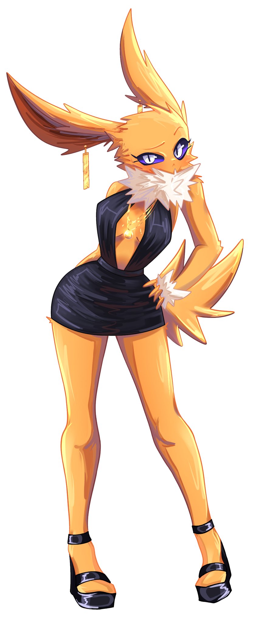 1girl animal_ears bare_legs black_dress black_shoes breasts cleavage colored_sclera creatures_(company) dress earrings full_body furry furry_female game_freak gen_1_pokemon gold_earrings gold_necklace hand_on_own_hip highres jewelry jimblym jolteon looking_at_viewer neck_fur necklace nintendo personification pokemon pokemon_(creature) purple_sclera shoes simple_background solo spiked_tail standing tail white_background white_eyes white_fur yellow_fur