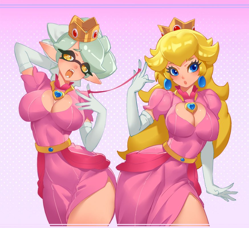 2girls :o arm_behind_head blonde_hair blue_brooch blue_eyes breasts cleavage_cutout clothing_cutout contrapposto cosplay cowboy_shot crossover crown curvy dress earrings elbow_gloves eyelashes fangs gloves gold_belt gold_crown jewelry large_breasts little123blood marie_(splatoon) mario_(series) multiple_girls nintendo open_mouth pale_skin pink_dress princess_peach puffy_short_sleeves puffy_sleeves short_eyebrows short_sleeves skin_tight splatoon_(series) star-shaped_pupils star_(symbol) string string_of_fate swept_bangs symbol-shaped_pupils tentacle_hair thick_eyebrows thighs white_gloves white_hair wide_hips yellow_eyes yellow_pupils