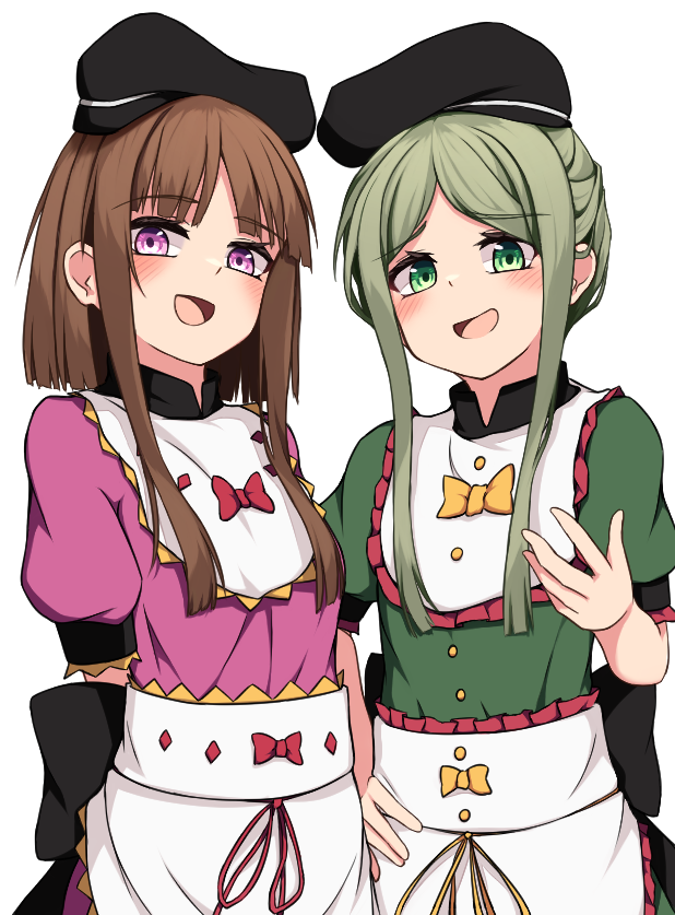 2girls :d apron back_bow black_bow black_hat blush bow breasts brown_hair cowboy_shot dress frilled_apron frills green_dress green_eyes hat looking_at_viewer mashirohiyuki multiple_girls nishida_satono open_mouth pink_dress puffy_short_sleeves puffy_sleeves purple_eyes red_bow red_ribbon ribbon short_hair_with_long_locks short_sleeves small_breasts smile tate_eboshi teireida_mai touhou waist_bow white_apron yellow_bow yellow_ribbon