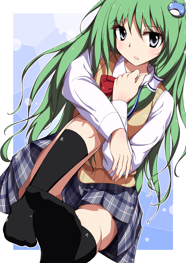 1girl alternate_costume bad_id bad_pixiv_id blue_eyes feet female_focus frog green_hair hair_ornament kochiya_sanae long_hair neo1031 school_uniform skirt socks solo touhou vest