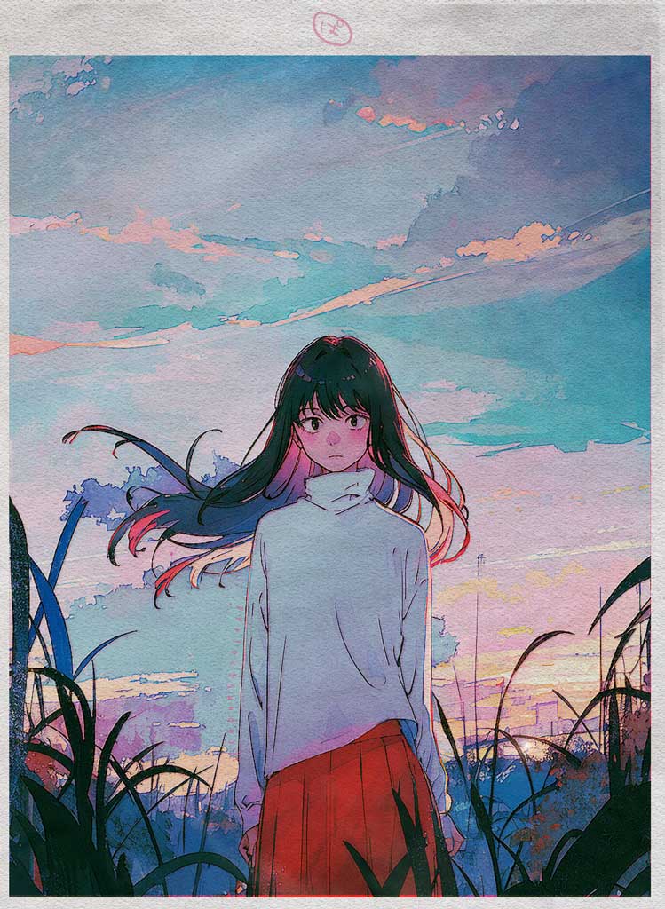 1girl backlighting border closed_mouth cloud cloudy_sky dawn gradient_sky grass long_hair long_sleeves looking_at_viewer original outdoors painting_(medium) perfectsunday pink_sky pleated_skirt red_skirt shirt skirt sky solo standing sunrise tall_grass traditional_media turtleneck watercolor_(medium) white_border white_shirt wind