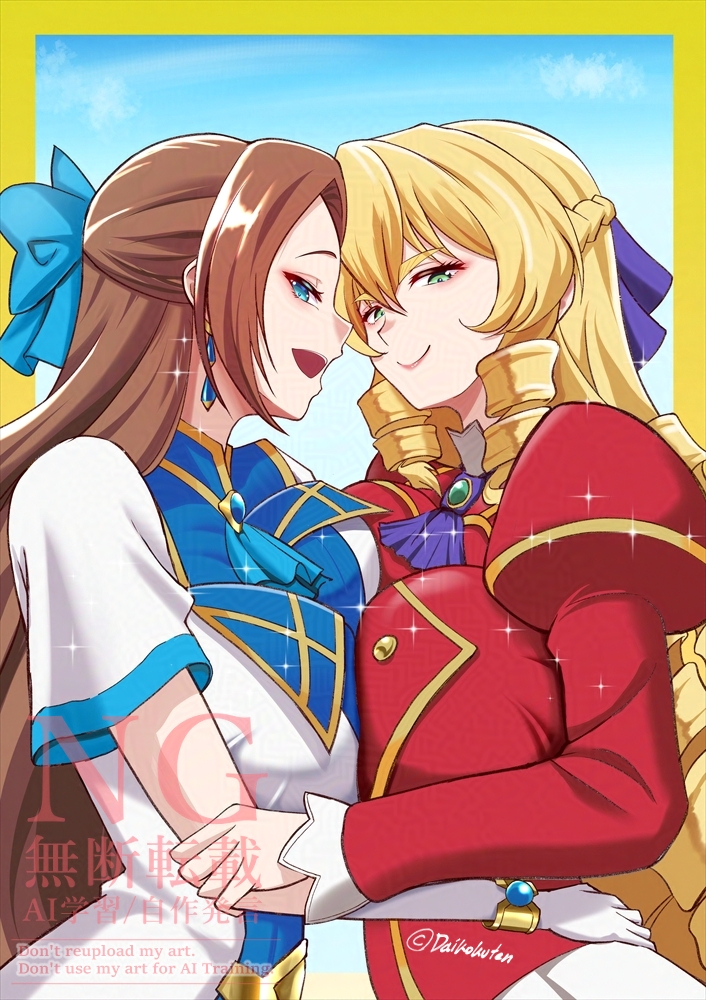 2girls akuyaku_reijou_tensei_ojisan artist_name ascot blonde_hair blue_ascot blue_eyes blue_ribbon breast_press breasts brown_hair closed_mouth dress drill_hair from_side genre_connection grace_auvergne green_eyes hair_between_eyes hair_ribbon hand_on_another&#039;s_arm hand_on_another&#039;s_hip jacket juliet_sleeves katarina_claes large_breasts lipstick long_hair long_sleeves looking_at_viewer makeup marishiten multiple_girls open_mouth otome_game_no_hametsu_flag_shika_nai_akuyaku_reijou_ni_tensei_shite_shimatta puffy_sleeves purple_ascot purple_ribbon red_jacket ribbon school_uniform smile symmetrical_docking upper_body very_long_hair white_dress