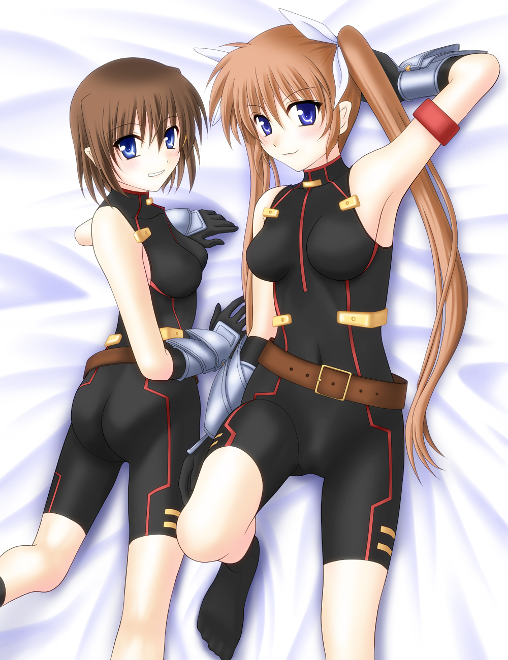 2girls arm_strap armored_gloves armpits belt black_unitard blue_eyes brown_hair cosplay fate_testarossa fate_testarossa_(cosplay) fate_testarossa_(sonic_form) highres lying lyrical_nanoha mahou_shoujo_lyrical_nanoha mahou_shoujo_lyrical_nanoha_a&#039;s mahou_shoujo_lyrical_nanoha_strikers mahou_shoujo_lyrical_nanoha_the_movie_2nd_a&#039;s multiple_girls on_back on_bed on_side sleeveless sooichi_(diabolicemission) takamachi_nanoha twintails unitard variant_set yagami_hayate