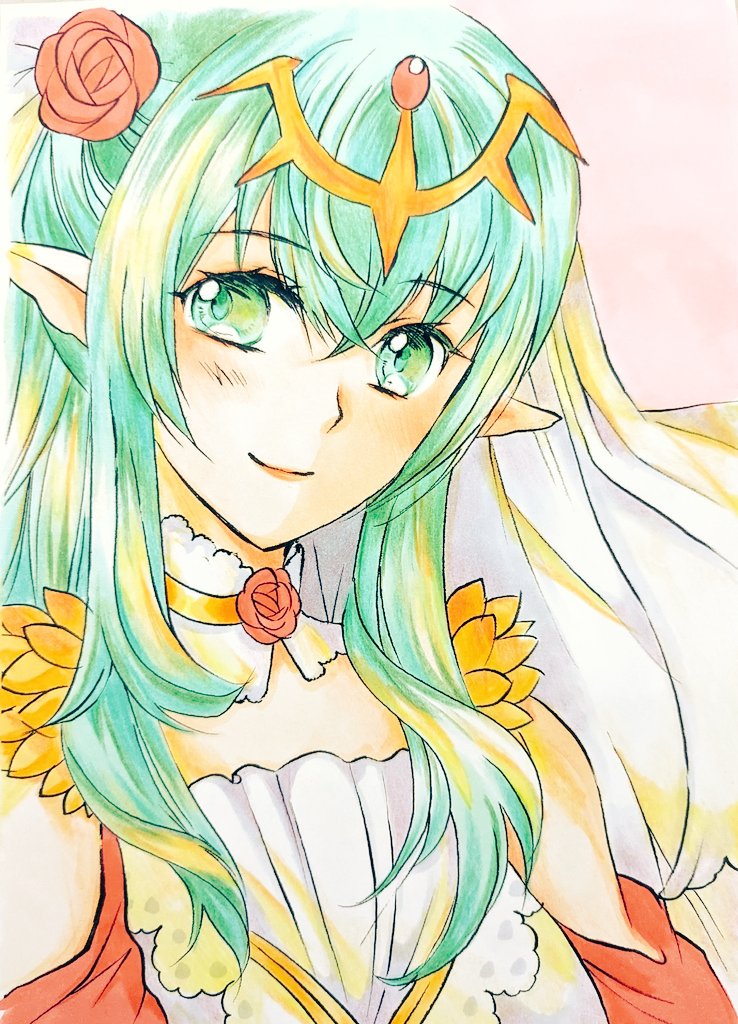 1girl chika_1 closed_mouth commentary_request fire_emblem fire_emblem_awakening fire_emblem_heroes flower green_eyes green_hair hair_flower hair_ornament long_hair nintendo official_alternate_costume pointy_ears red_flower red_rose rose smile solo tiara tiki_(adult)_(bridal)_(fire_emblem) tiki_(adult)_(fire_emblem) tiki_(fire_emblem) traditional_media upper_body