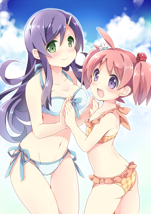 2girls bikini dice gradient_background green_eyes long_hair multiple_girls neneko-n original purple_eyes purple_hair red_hair short_hair swimsuit twintails