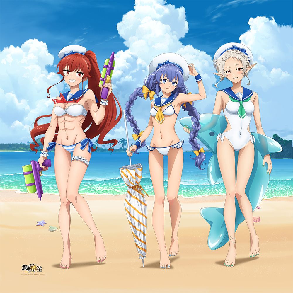 3girls abs beach blue_sky blush braid breasts cloud cloudy_sky day dolphin_innertube eris_greyrat feet full_body hat long_hair medium_breasts multiple_girls muscular muscular_female mushoku_tensei nails navel ocean official_art palm_tree pointy_ears ponytail promotional_art purple_eyes purple_hair red_eyes red_hair roxy_migurdia sand short_hair sky small_breasts smile swimsuit sylphiette_(mushoku_tensei) teeth tree umbrella water white_hair