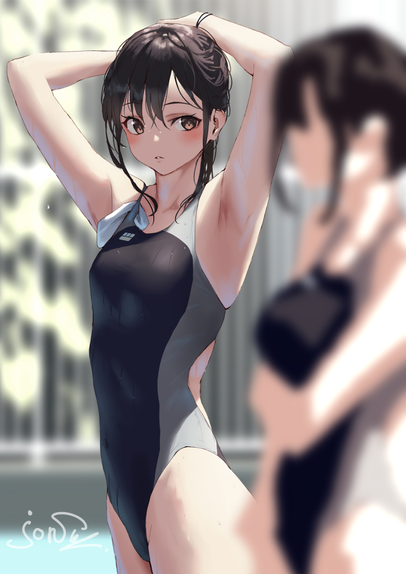 2girls armpits artist_name black_hair black_one-piece_swimsuit blurry blurry_foreground breasts brown_eyes commentary_request competition_swimsuit jonsun looking_at_another multiple_girls one-piece_swimsuit original shiori_(jonsun) short_hair small_breasts swimsuit thighs wet wet_clothes wet_hair wet_swimsuit