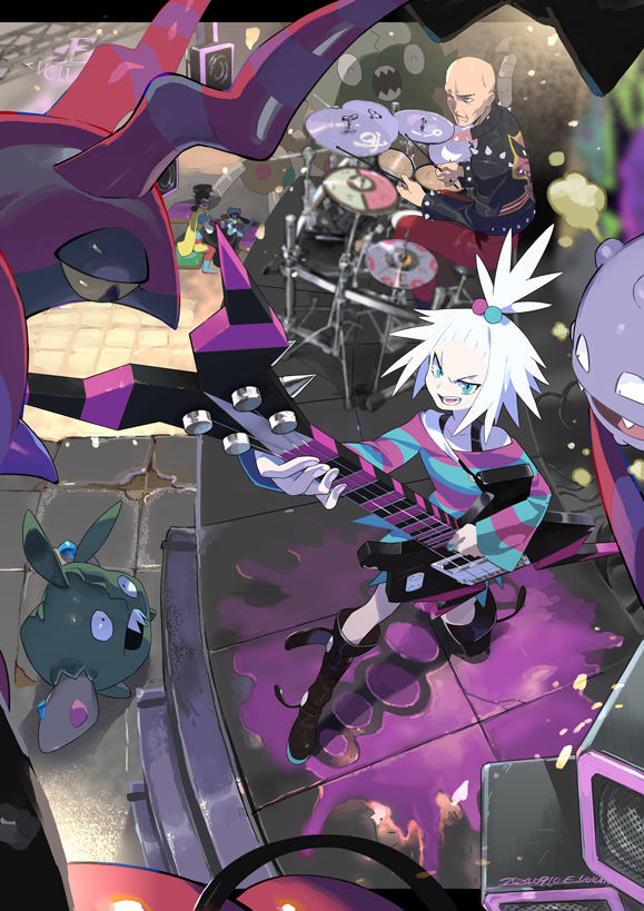 1girl artist_name bald black_footwear black_jacket blue_dress blue_eyes creatures_(company) dated dress drum drum_set drumsticks e_volution from_above game_freak garbodor gen_1_pokemon gen_4_pokemon gen_5_pokemon guitar hair_bobbles hair_ornament holding holding_drumsticks holding_guitar holding_instrument instrument jacket koffing long_hair nintendo open_mouth pants pink_dress poke_ball_symbol pokemon pokemon_(creature) pokemon_bw2 red_pants riolu roughneck_(pokemon) roxie_(pokemon) scolipede speaker spiked_hair spiked_jacket stage striped_clothes striped_dress teeth topknot trubbish two-tone_dress white_hair