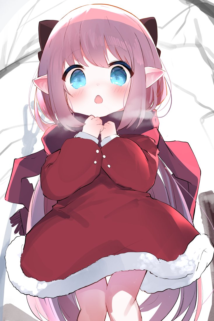 1girl blue_eyes bow breath clenched_hands dress fur_trim hair_bow hands_on_own_chest long_hair open_mouth original outdoors pink_hair pointy_ears red_dress red_scarf ribbon scarf solo very_long_hair yinpa_(wanone500511)