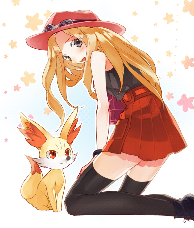 10s 1girl bad_id bad_tumblr_id black_thighhighs blonde_hair blush creatures_(company) eyewear_on_head fennekin game_freak gen_6_pokemon grey_eyes kneeling long_hair nintendo pokemon pokemon_(creature) pokemon_xy serena_(pokemon) shiyun skirt sunglasses thighhighs zettai_ryouiki