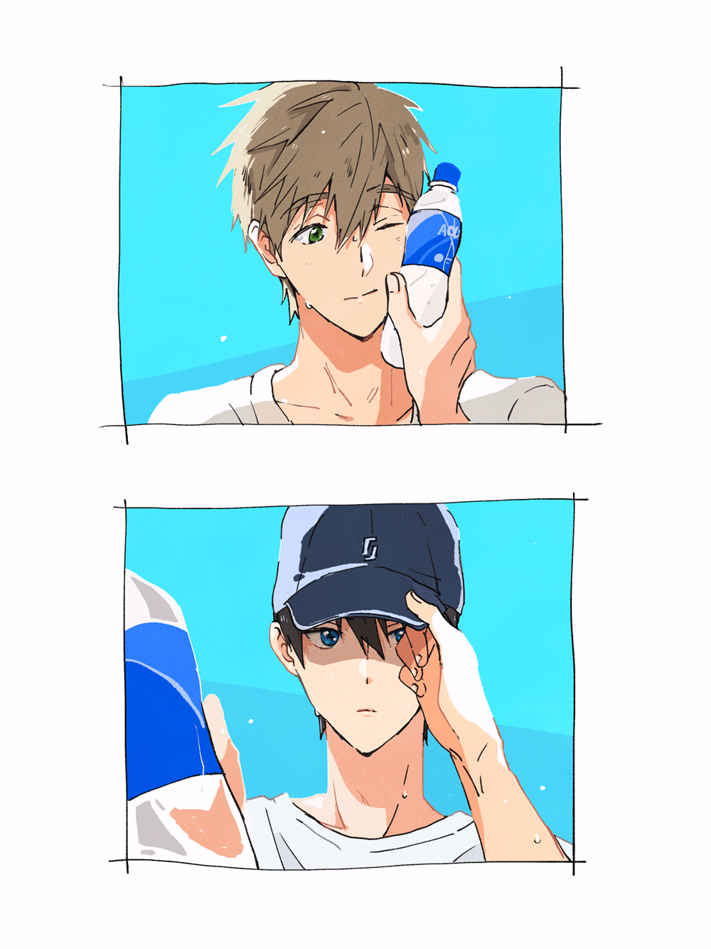 2boys adjusting_clothes adjusting_headwear arm_up baseball_cap blue_eyes bottle brown_hair cha_haso closed_mouth collarbone commentary_request crew_neck dot_nose free! green_eyes hat highres holding holding_bottle hot light_brown_hair light_smile looking_at_another looking_to_the_side male_focus multiple_boys nanase_haruka_(free!) one_eye_closed partially_shaded_face shirt sweat sweatdrop t-shirt tachibana_makoto water_bottle white_shirt