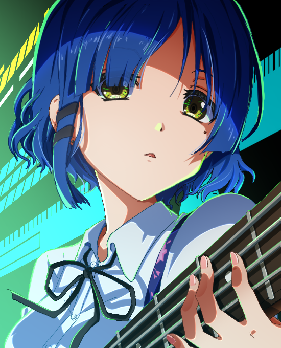 1girl bass_guitar black_ribbon blue_hair bocchi_the_rock! collared_shirt hair_ornament holding holding_bass_guitar holding_instrument igashiko instrument mole mole_under_eye music neck_ribbon parted_lips playing_bass_guitar playing_instrument portrait ribbon school_uniform shimokitazawa_high_school_uniform shirt short_hair solo white_shirt yamada_ryo yellow_eyes