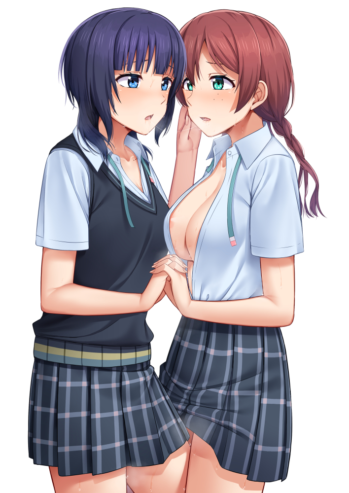 2girls after_kiss areola_slip asaka_karin black_hair blouse blue_eyes blue_hair blue_skirt blue_vest braid breasts brown_hair collared_shirt dress_shirt emma_verde freckles green_neckwear grey_skirt holding_hands large_breasts long_hair love_live! love_live!_nijigasaki_high_school_idol_club low_twintails medium_hair multiple_girls neck_ribbon nijigasaki_school_uniform no_bra nosa open_clothes open_shirt plaid_clothes plaid_skirt pleated_skirt ribbon saliva saliva_trail school_uniform shirt short_sleeves simple_background skirt summer_uniform swept_bangs twin_braids twintails untied vest white_background white_shirt yuri