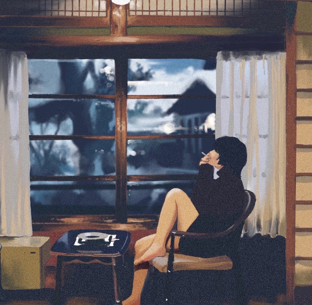 1girl barefoot blue_sky box building ceiling_light cigarette cloud curtains dead_plants film_grain from_side holding holding_cigarette indoors meanstreet original paper_wall procreate_(medium) scenery sitting sky smoking solo table tree window wooden_chair wooden_table