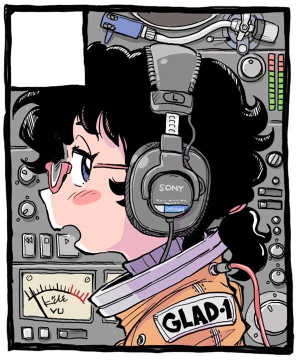 1girl black_eyes black_hair blush_stickers border commentary_request dial from_side gauge glasses half-closed_eyes headphones jumpsuit kiichi looking_at_viewer looking_to_the_side low_ponytail medium_hair no_headwear open_mouth orange_jumpsuit original portrait profile push-button short_ponytail solo sony spacesuit tareme wavy_hair white_border