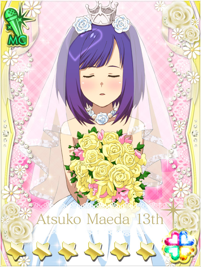 1girl akb0048 bouquet bridal_veil card_(medium) character_name closed_eyes cowboy_shot crown dress flower hair_flower hair_ornament heart holding holding_bouquet maeda_atsuko_(akb0048) medium_hair non-web_source official_art parted_lips pink_background plaid_background purple_hair rose solo sparkle standing star_(symbol) strapless strapless_dress u_u veil wedding_dress white_dress white_flower white_rose yellow_flower yellow_rose