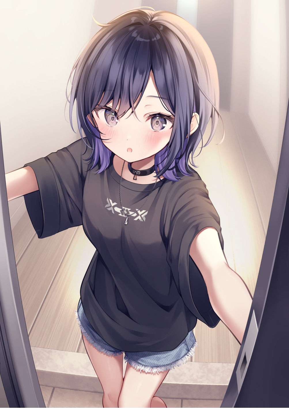 1girl backlighting black_choker black_hair black_shirt blurry blurry_background blush bob_cut breasts brown_eyes choker commentary_request denim denim_shorts doorway facing_viewer gradient_hair highres jewelry looking_at_viewer medium_hair messy_hair multicolored_hair necklace open_door original oversized_clothes print_shirt purple_hair shiraishi_reina_(yugaa) shirt short_shorts shorts small_breasts solo t-shirt two-tone_hair yugaa