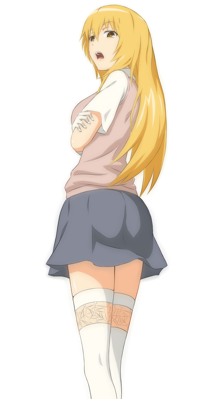 +_+ 10s 1girl 2013 blonde_hair crossed_arms disdain elbow_gloves female_focus from_behind from_below gloves highres jack-barro long_hair looking_at_viewer looking_back matching_hair/eyes open_mouth pleated_skirt school_uniform shokuhou_misaki short_sleeves simple_background skirt solo spider_web_print standing summer_uniform sweater_vest symbol-shaped_pupils thighhighs toaru_kagaku_no_railgun toaru_majutsu_no_index tokiwadai_school_uniform white_background white_gloves white_thighhighs yellow_eyes zettai_ryouiki