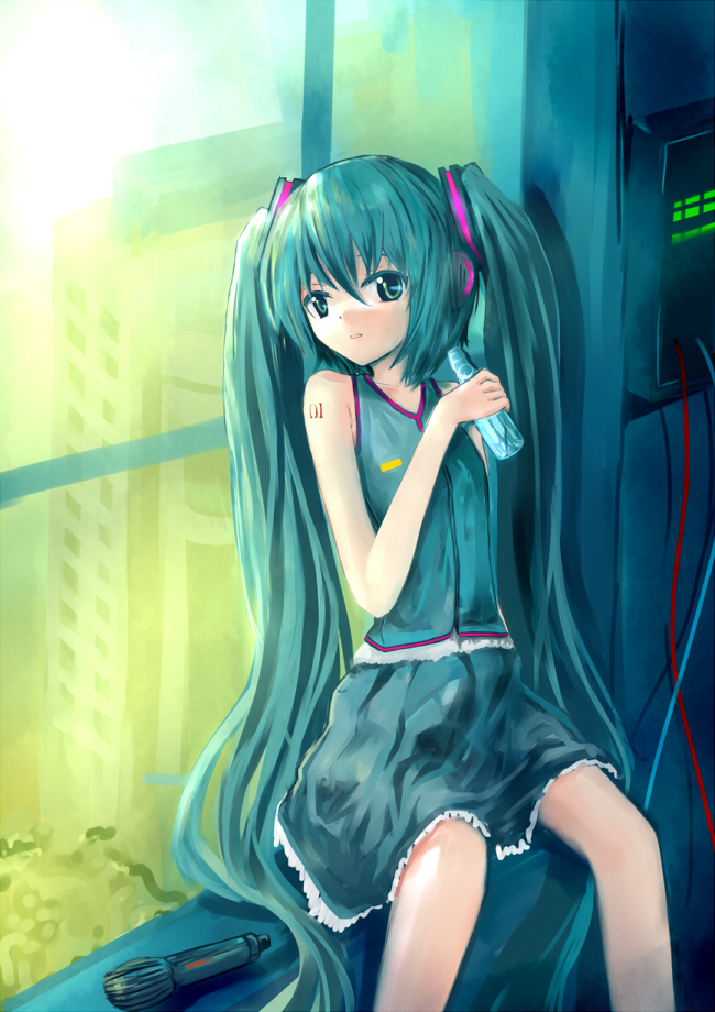 1girl aqua_eyes aqua_hair bad_id bad_pixiv_id baraen female_focus hatsune_miku indoors long_hair microphone ramune sitting skirt solo twintails very_long_hair vocaloid window