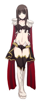 1girl armor arms_behind_back bikini black_skirt black_thighhighs blunt_bangs boots brown_bikini brown_eyes brown_hair cape closed_mouth commentary_request expressionless full_body genetic_(ragnarok_online) hime_cut long_hair looking_at_viewer lowres mr.romance pauldrons ragnarok_online red_cape shoulder_armor showgirl_skirt sidelocks simple_background skirt solo standing swimsuit thighhighs white_background white_boots