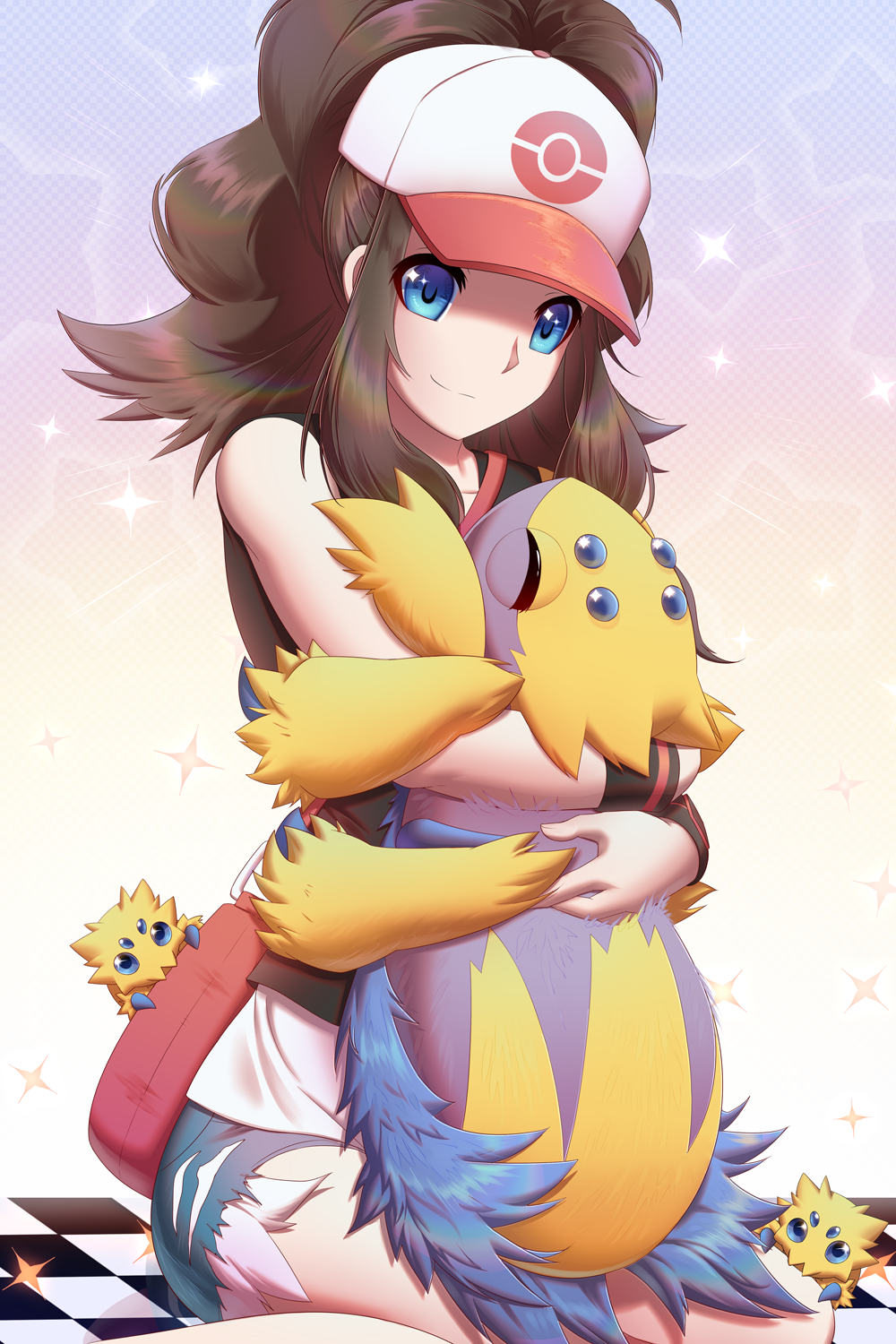 1girl bag baseball_cap black_vest blue_eyes brown_hair bug closed_eyes creatures_(company) curly_hair cutoffs daimonkisora denim denim_shorts galvantula game_freak gen_5_pokemon hat high_ponytail highres hilda_(pokemon) holding holding_pokemon hug joltik long_hair nintendo pink_bag pokemon pokemon_(creature) pokemon_bw short_shorts shorts shoulder_bag sidelocks sitting sleeveless sparkle spider tank_top vest wariza white_tank_top