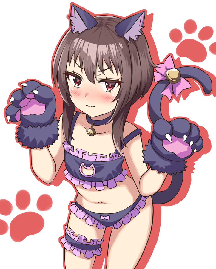 1girl animal_ears animal_hands bell bow bow_panties bra brown_hair cat_cutout cat_ears cat_lingerie cat_tail claws cleavage_cutout closed_mouth clothing_cutout collar cowboy_shot embarrassed fake_animal_ears fake_claws fake_tail frilled_bra frilled_panties frills frown gloves kono_subarashii_sekai_ni_shukufuku_wo! long_hair looking_at_viewer megumin meme_attire neck_bell outline panties paw_gloves paw_pose paw_print pink_bow pink_trimmed_panties purple_bra purple_panties red_eyes red_outline s_(hdru2332) shadow solo standing tail tail_bow tail_ornament trimmed_panties underwear wavy_mouth