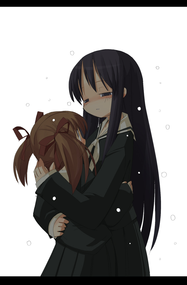 2girls black_hair blush brown_hair fukuzawa_yumi height_difference hug letterboxed long_hair long_sleeves looking_down mamo_williams maria-sama_ga_miteru multiple_girls ogasawara_sachiko school_uniform serafuku short_hair simple_background snow twintails very_long_hair