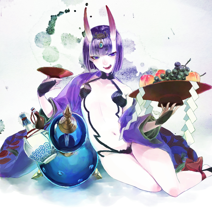 1girl breasts cup fate/grand_order fate_(series) food fruit gourd grapes headpiece horns kalk licking_lips looking_at_viewer navel oni peach purple_eyes purple_hair sakazuki short_hair shuten_douji_(fate) sitting skin-covered_horns small_breasts smile solo tongue tongue_out