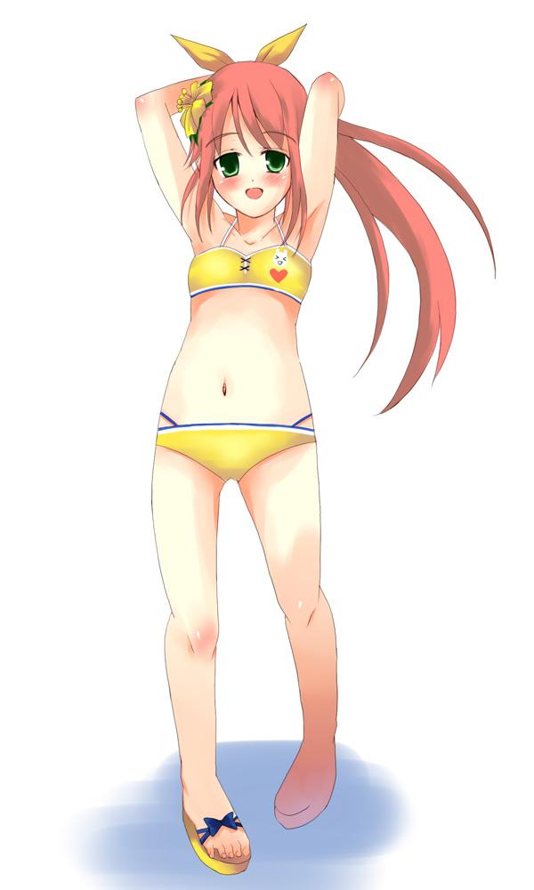 1girl armpits arms_up bikini feet female_focus flip-flops green_eyes hair_ribbon hana hana_(pangya) long_hair mofumofu_(lorelei) pangya pink_hair ribbon sandals solo swimsuit yellow_bikini