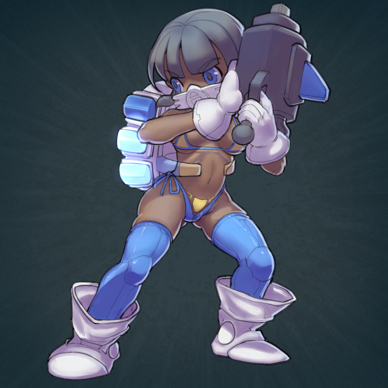 1girl adapted_costume bikini black_hair blue_eyes blue_thighhighs boots dark-skinned_female dark_skin female_focus full_body gas_mask gloves grunt_frostwolf gun mask nuclear_throne respirator rogue_(nuclear_throne) rogue_rifle short_hair side-tie_bikini_bottom solo standing swimsuit thighhighs weapon white_gloves