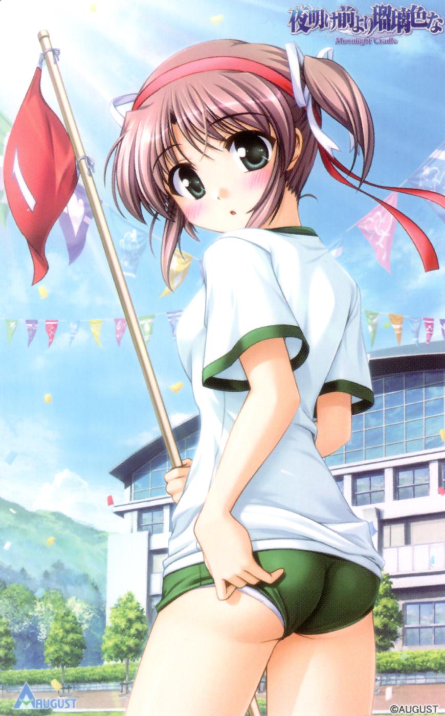 1girl :o adjusting_buruma adjusting_clothes asagiri_mai ass bekkankou brown_hair buruma confetti day female_focus flag from_behind green_buruma green_eyes gym_uniform hair_ribbon hairband highres numbered_flag outdoors panties panties_under_buruma pink_hair ribbon solo underwear white_panties yoake_mae_yori_ruri_iro_na