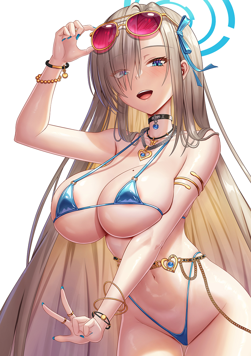 1girl areola_slip armlet asuna_(blue_archive) bare_shoulders belly_chain bikini blue_archive blue_bikini blue_eyes blue_ribbon blush bracelet breasts choker cleavage hair_over_one_eye hair_ribbon halo highleg highleg_bikini highres jewelry large_breasts light_brown_hair long_hair looking_at_viewer micro_bikini navel necklace open_mouth ribbon smile solo sunglasses swimsuit tako_seijin thighs very_long_hair