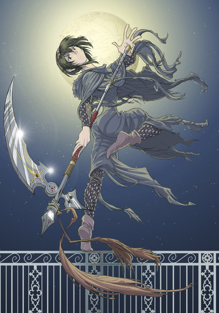 1girl bad_anatomy female_focus full_moon glint lilith looking_at_viewer moon night original outdoors scythe short_hair sky solo star_(sky) starry_sky