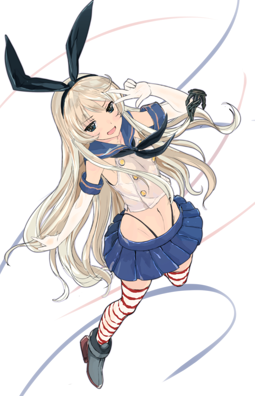 10s 1girl bad_id bad_pixiv_id blonde_hair blue_eyes dress elbow_gloves female_focus gloves highres kantai_collection onoguru sailor_dress school_uniform serafuku shimakaze_(kancolle) skirt solo thighhighs thong v