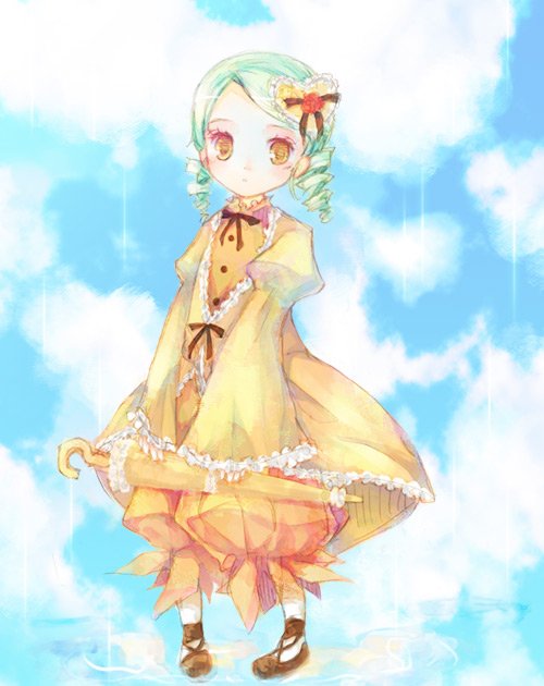 00s bad_id bad_pixiv_id cloud day dress drill_hair green_hair icc kanaria rozen_maiden umbrella yellow_eyes