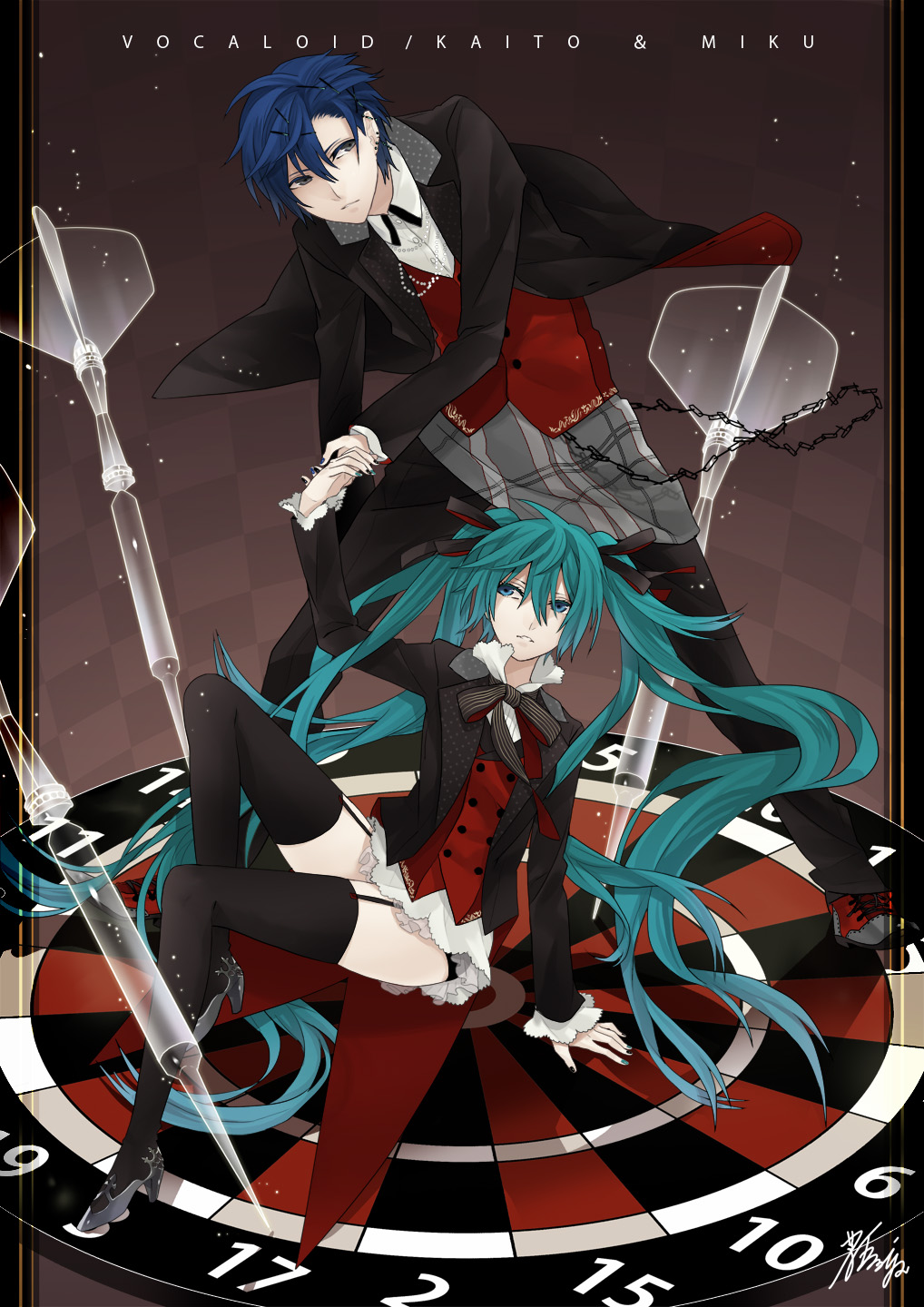 1boy 1girl aqua_eyes aqua_hair arm_support bad_id bad_pixiv_id blue_eyes blue_hair chain dart dartboard earrings formal_clothes garter_straps grey_eyes hair_ribbon hatsune_miku hetero high_heels highres holding_hands jewelry kaito_(vocaloid) kyo_zip long_hair nail_polish ribbon shoes sitting thighhighs twintails very_long_hair vocaloid