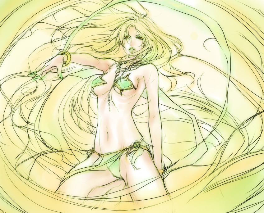 1990s_(style) 1girl absurdly_long_hair barbariccia bikini blonde_hair female_focus final_fantasy final_fantasy_iv green_bikini jewelry long_hair lots_of_jewelry retro_artstyle solo swimsuit very_long_hair yellow_eyes