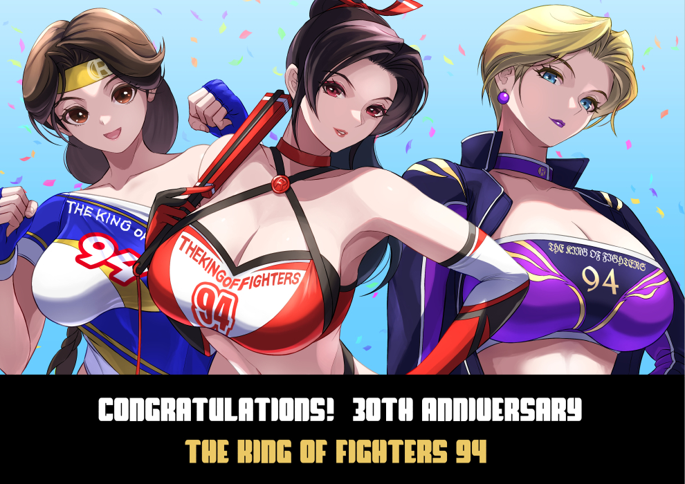 3girls anniversary blonde_hair blue_choker blue_gloves breasts brown_hair choker cleavage copyright_name earrings elbow_gloves ema_(emaura) fatal_fury female_focus fingerless_gloves gloves hand_fan holding holding_fan jewelry king_(snk) large_breasts looking_at_viewer multiple_girls parted_lips red_choker ryuuko_no_ken shiranui_mai smile the_king_of_fighters yuri_sakazaki