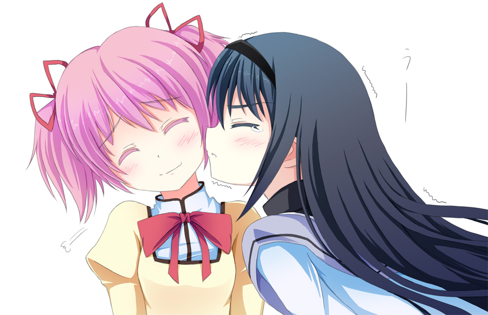 10s 2girls akemi_homura akemi_homura_(magical_girl) blush closed_eyes hairband kaname_madoka long_hair magical_girl mahou_shoujo_madoka_magica mahou_shoujo_madoka_magica_(anime) multiple_girls pink_eyes pink_hair school_uniform short_hair tri yuri