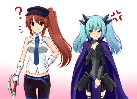 10s 2girls armor blush breast_envy brown_eyes cardfight!!_vanguard crossover darkness_maiden_macha emoticon green_hair hair_ornament hat high_dog_breeder_akane lowres miniskirt multiple_girls necktie red_hair royal_paladin shadow_paladin short_shorts shorts side_ponytail skirt sleeveless twintails whip