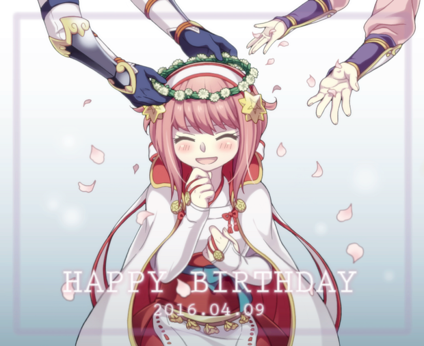 1boy 2girls closed_eyes dated fire_emblem fire_emblem_fates hairband hana_(fire_emblem) happy_birthday hiyori_(rindou66) japanese_clothes multiple_girls nintendo open_mouth pink_hair sakura_(fire_emblem) smile subaki_(fire_emblem) white_hairband