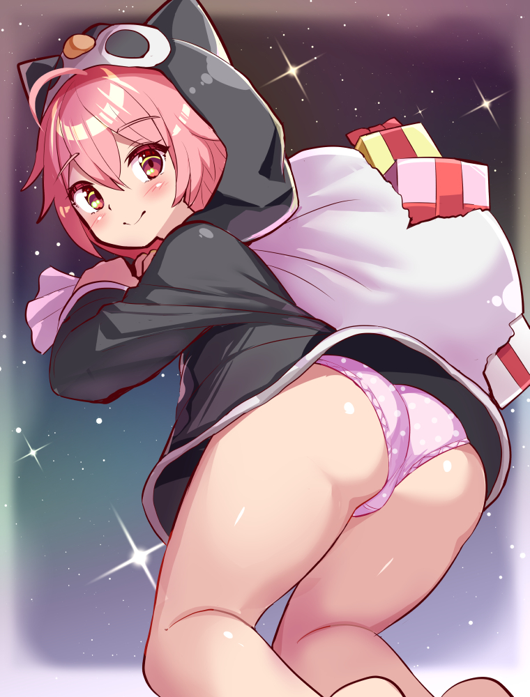 1girl animal_hood ass ass_focus barefoot blush cameltoe christmas_present cougar_(cougar1404) from_behind gift hood huge_ass kneeling looking_at_viewer panties pink_hair red_eyes short_hair smile solo thick_thighs thighs underwear