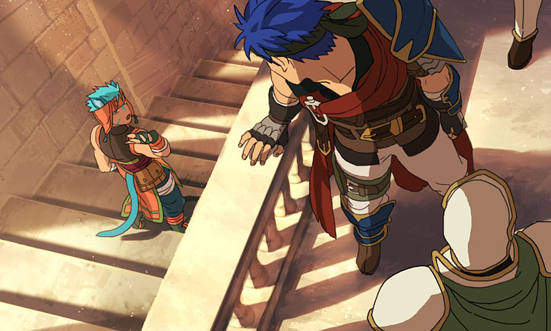 2boys 2others animal_ears armor blue_hair cape cat_boy cat_ears donta30303 fingerless_gloves fire_emblem fire_emblem:_radiant_dawn gloves green_hairband hairband ike_(fire_emblem) laguz_(fire_emblem) looking_at_another male_focus multiple_boys multiple_others nintendo on_stairs pants pauldrons railing ranulf_(fire_emblem) red_cape short_hair shoulder_armor single_pauldron sleeveless stairs tail white_pants