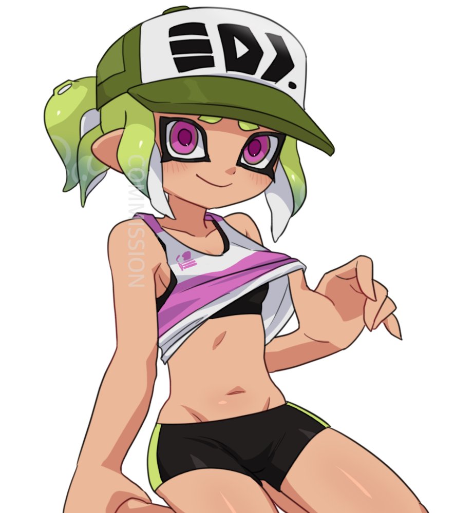 1girl baseball_cap bike_shorts closed_mouth clothes_pull collarbone commentary_request green_hair green_hat groin hat ikki_(gsl_9708) korean_commentary looking_at_viewer medium_hair navel nintendo octoling octoling_girl octoling_player_character pink_eyes pink_pupils ponytail shirt_pull simple_background sitting smile solo splatoon_(series) splatoon_3 tentacle_hair watermark white_background