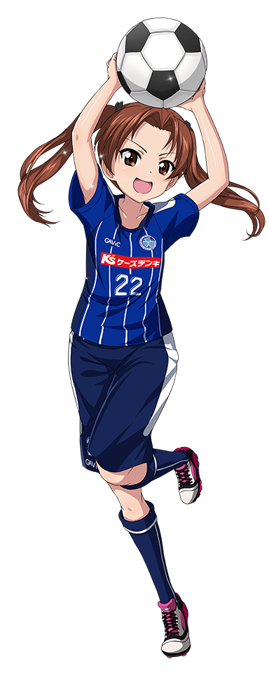 &gt;:d 10s 1girl :d armpit_peek ball brown_hair female_focus full_body girls_und_panzer j._league kadotani_anzu long_hair mito_hollyhock official_art open_mouth smile soccer soccer_ball soccer_uniform solo sportswear transparent_background twintails v-shaped_eyebrows white_background