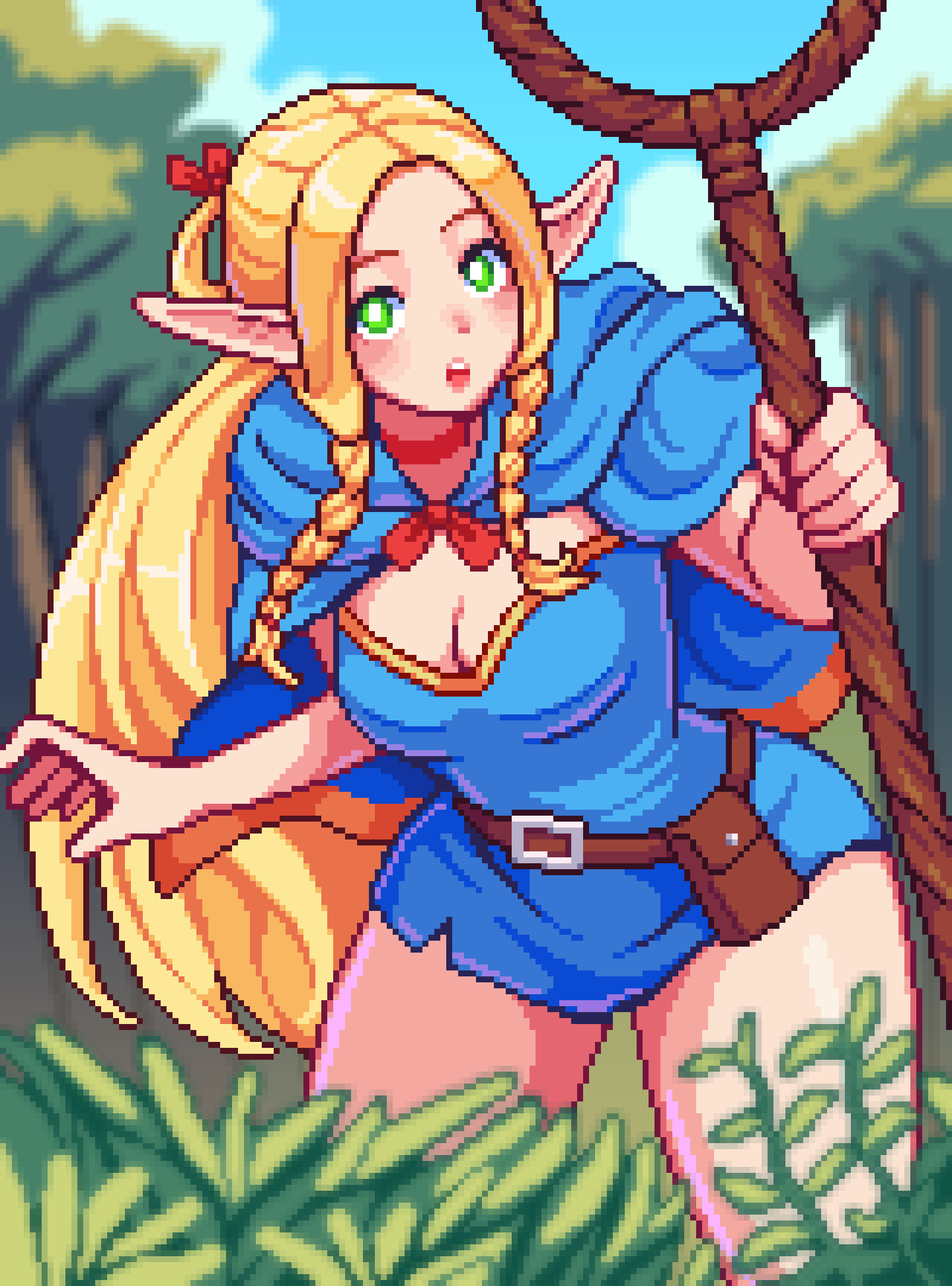 1girl aseprite_(medium) belt belt_pouch blonde_hair braid breasts bright_pupils cleavage dungeon_meshi elf green_eyes highres holding holding_staff long_hair looking_at_viewer marcille_donato open_mouth outdoors pixel_art pointy_ears pouch staff thighs tree very_long_hair white_pupils yumykon