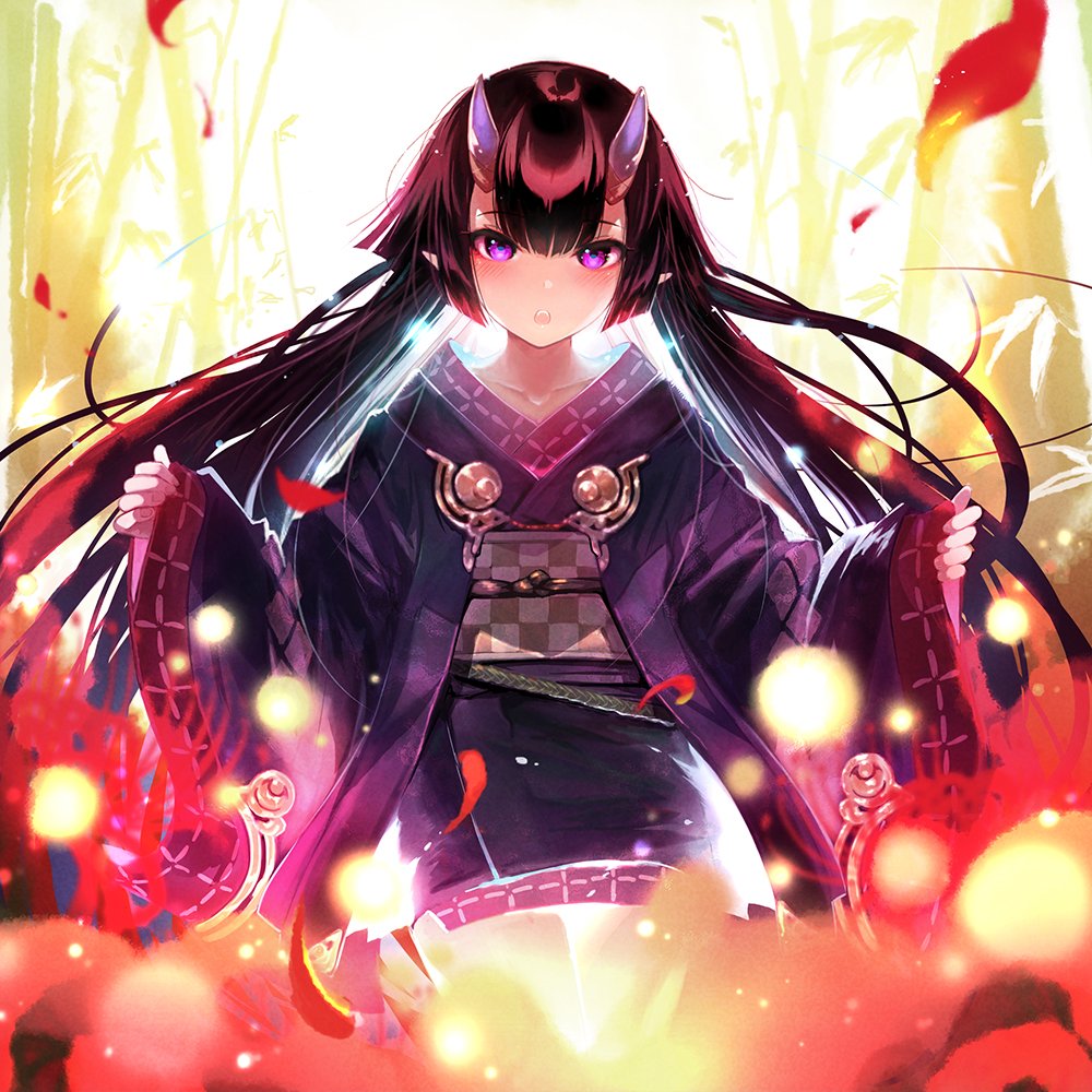 1girl bamboo bamboo_forest black_hair collarbone falling_leaves forest grimms_echoes holding_sleeve japanese_clothes kimono leaf long_hair nature obi official_art onihime_(grimms_echoes) open_mouth pink_eyes sagara_riri sash solo teeth upper_teeth_only