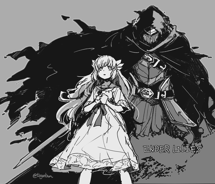 1boy 1girl armor belt cloak dress ender_lilies_quietus_of_the_knights expressionless feet_out_of_frame full_armor greyscale hair_ornament holding holding_sword holding_weapon hood hood_up hooded_cloak jewelry lily_(ender_lilies) long_hair monochrome necklace own_hands_together pendant ribbon sketch sword toge_(owannun) umbral_knight_(ender_lilies) weapon